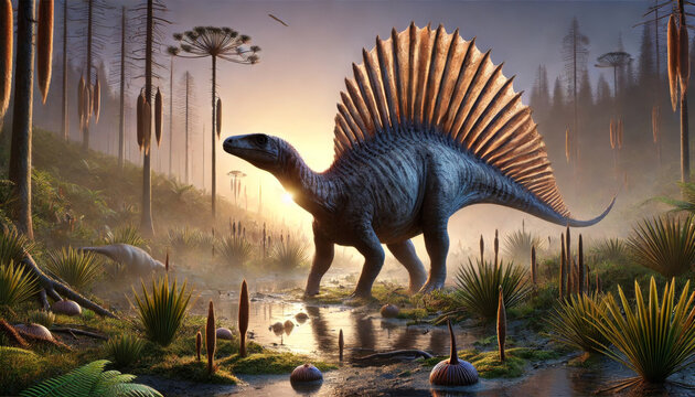 Jurassic jungle, ancient ferns, dinosaurs, trees with a river