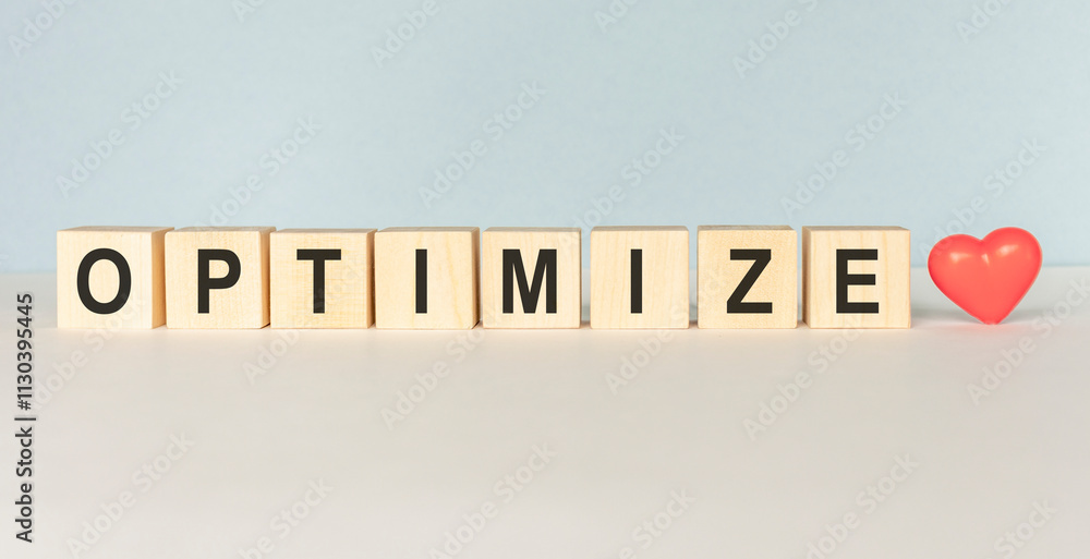 Poster optimize words from wooden blocks with letters, top view gray background