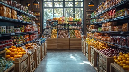 Fototapeta premium Central display of fruits in a sunlit modern store
