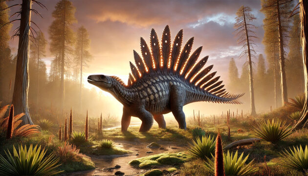 Jurassic jungle, ancient ferns, dinosaurs, trees with a river