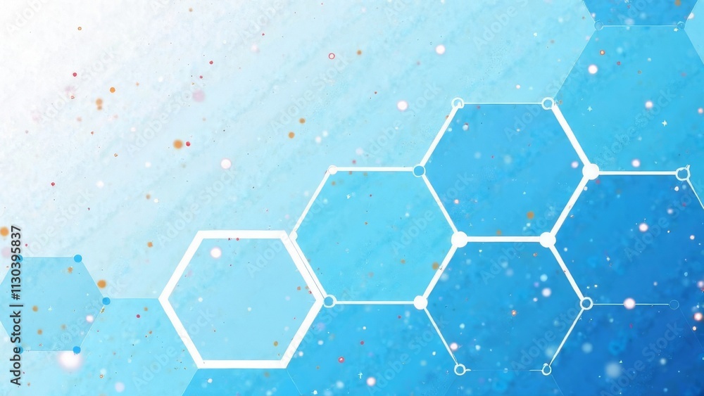 Poster a blue background with white hexagons and dots