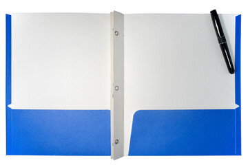 blue school folder with ink pen isolated on white background