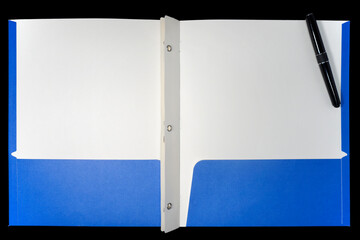 blue school folder with ink pen on black background