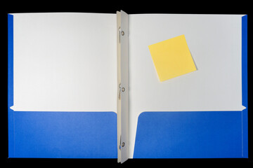 blue school folder with yellow sticky note on black background