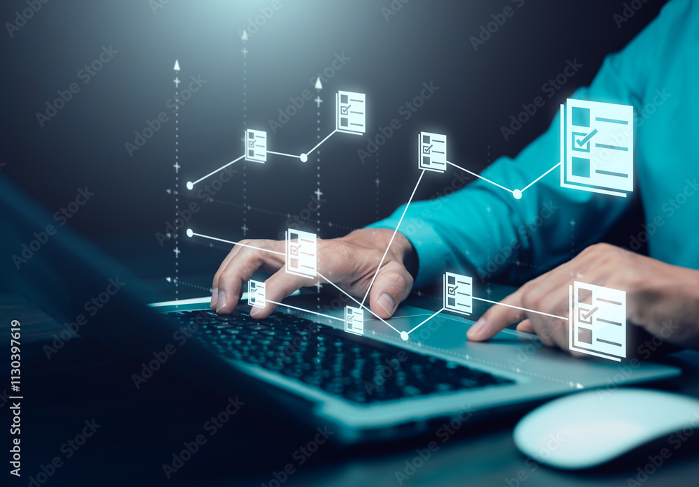 Poster businesswoman working on laptop with virtual screen. online documentation database, it consultant be