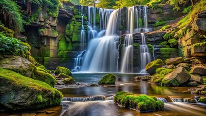 Waterfall scene with rough stone and moss covered rocks in the background, moss, stone