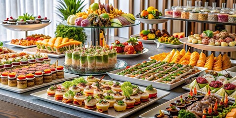 Fototapeta premium Luxurious buffet table with a variety of gourmet appetizers, including sushi, cold cuts, and desserts for a high-end event