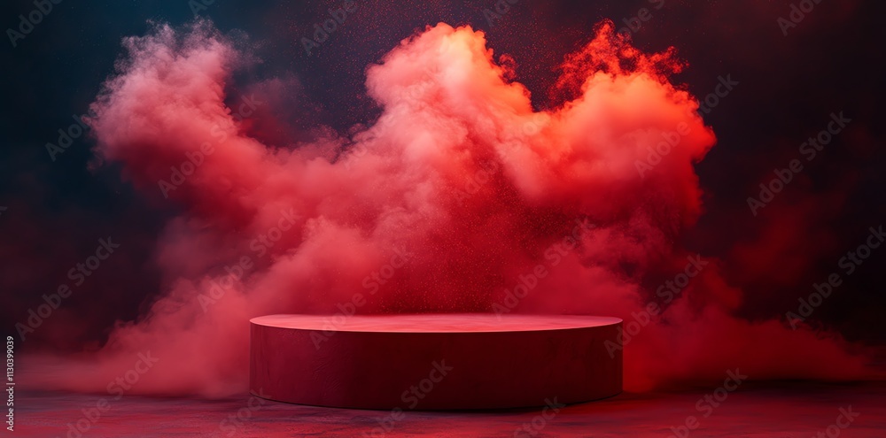 Poster red smoke backdrop with a round platform for product display.