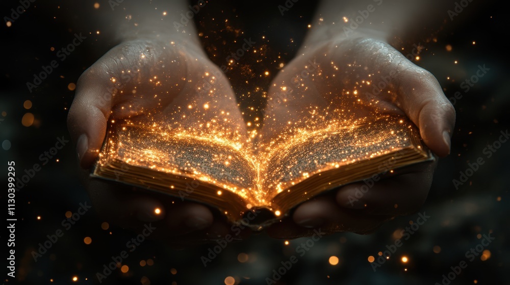 Poster Hands cradle an open book radiating magic in a mystical twilight setting filled with sparkles

