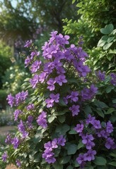 Obraz premium A delicate bush of violet flowers with shali violet blooms in a lush garden amidst greenery and foliage , gardenia, petals, blooming