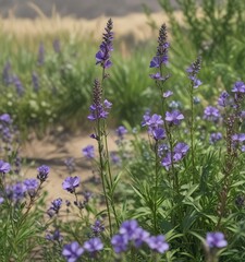 Obraz premium Flax stalks swaying in the wind with delicate green leaves and purple flowers, outdoor photography, garden landscape