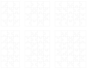 Illustration of six white puzzles, separate parts		
