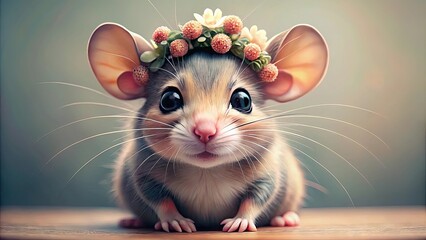 Adorable mouse with big eyes and flower crown , cute, mouse, colorful, flower crown, fluffy, adorable, small, curious, animal