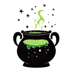 magical cauldron bubbling with green potion and stars floating above