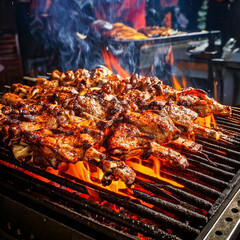 Skewers of meat on a big steaming barbecue