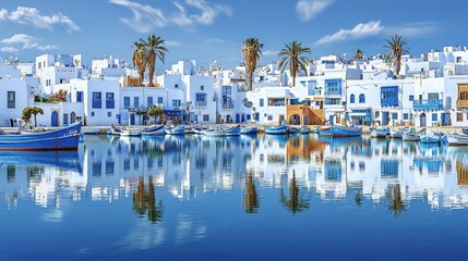 Enjoy a Tunisian beach scene with turquoise waters and historic buildings