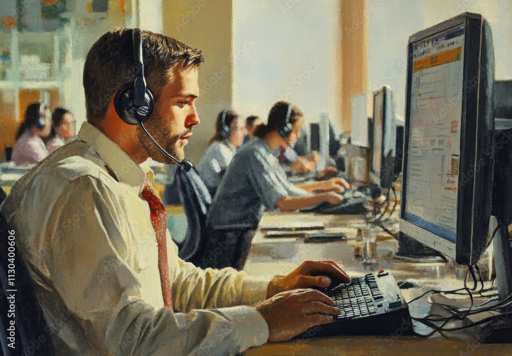 Aufkleber professional man in headset working at computer in call center