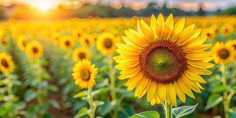 Obraz premium Close-up shot of a vibrant sunflower in a field of sunflowers, sunflower, field, nature, bloom, yellow, petals, close-up