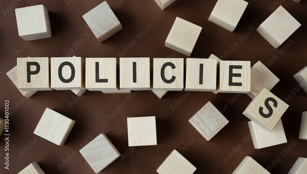 Poster word policies composed of wooden cubes with letters, insurance principles rules guidelines concept s