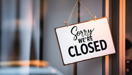 Sorry we're closed sign hanging on the entrance door of a small shop or cafe. Small business concept, vacation concept. Perfect for marketing, business, retail store, office.