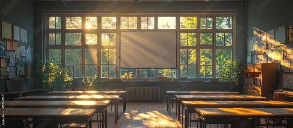 Poster sunlit classroom with desks and large window.