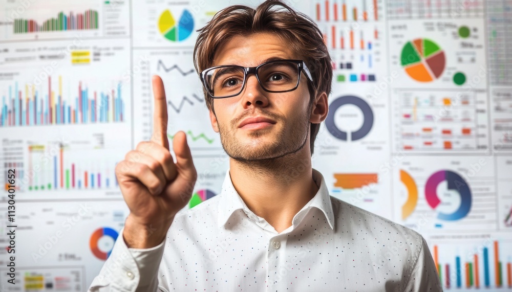 Poster young professional presenting ideas with data visualizations background