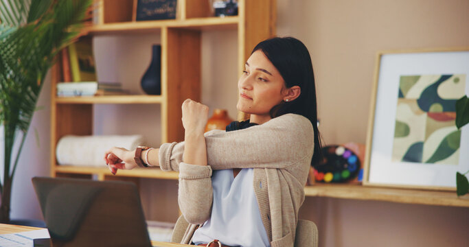 Laptop, stretching and freelancer with woman in home office for graphic designer, creative project and satisfied. Resting, complete and remote work with person and website review for startup and done - Powered by Adobe