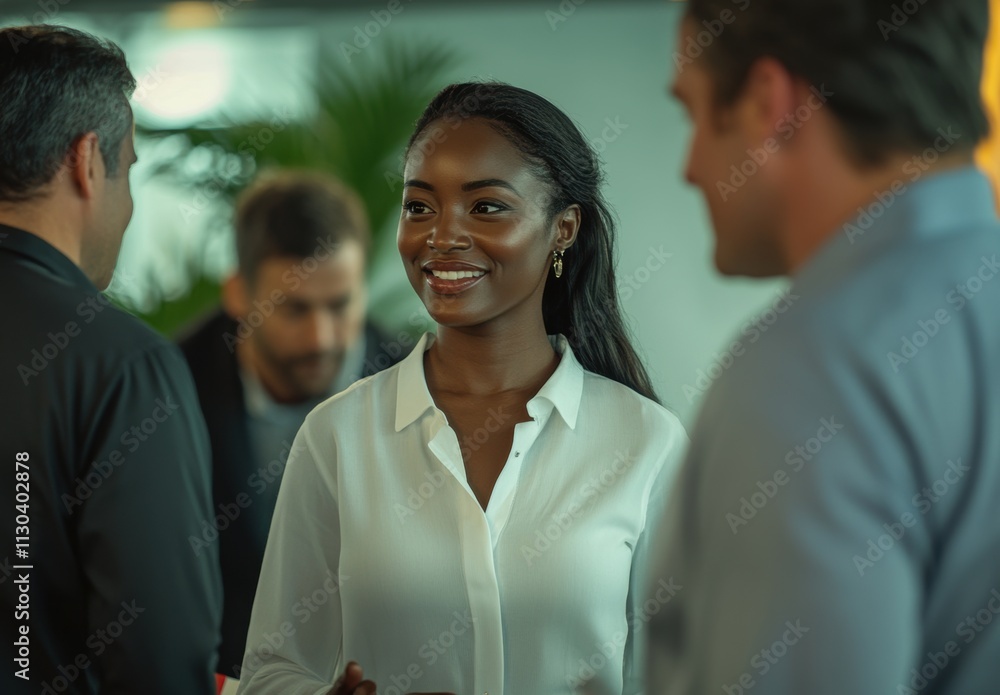 Poster professional networking event with confident woman smiling in focus