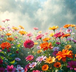 Obraz premium Vibrant flowers blooming in a lush garden amidst gentle morning mist, greenery, bloom, fragrance