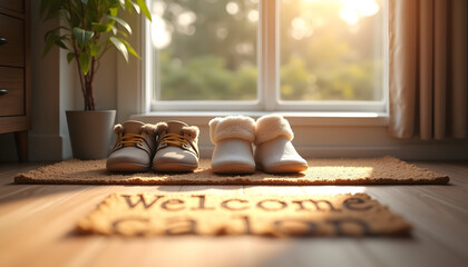Two pairs of shoes on a "Welcome" mat in a warm home atmosphere with natural light