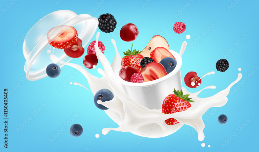 Poster packaging mock up mixed berries smoothies fruit splashing of tropical fruits isolated on solid backg