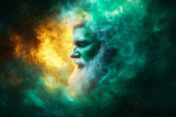 Dreamlike Surreal Composite Image of a Leprechaun s Face in a Swirling Abstract Magical Backdrop