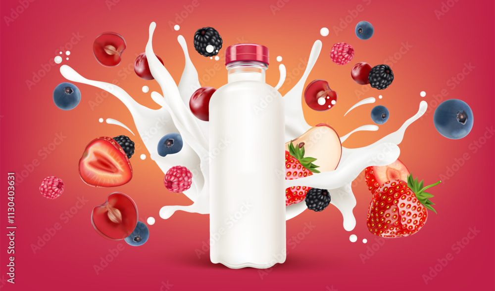 Poster packaging mock up mixed berries smoothies fruit splashing of tropical fruits isolated on solid backg
