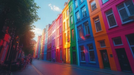 Obraz premium Colorful houses line a sunlit street, pedestrians stroll along the vibrant buildings.