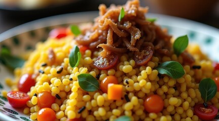 A vibrant dish featuring colorful Israeli couscous with cherry tomatoes, fresh herbs, and savory strips, artfully presented on a decorative plate