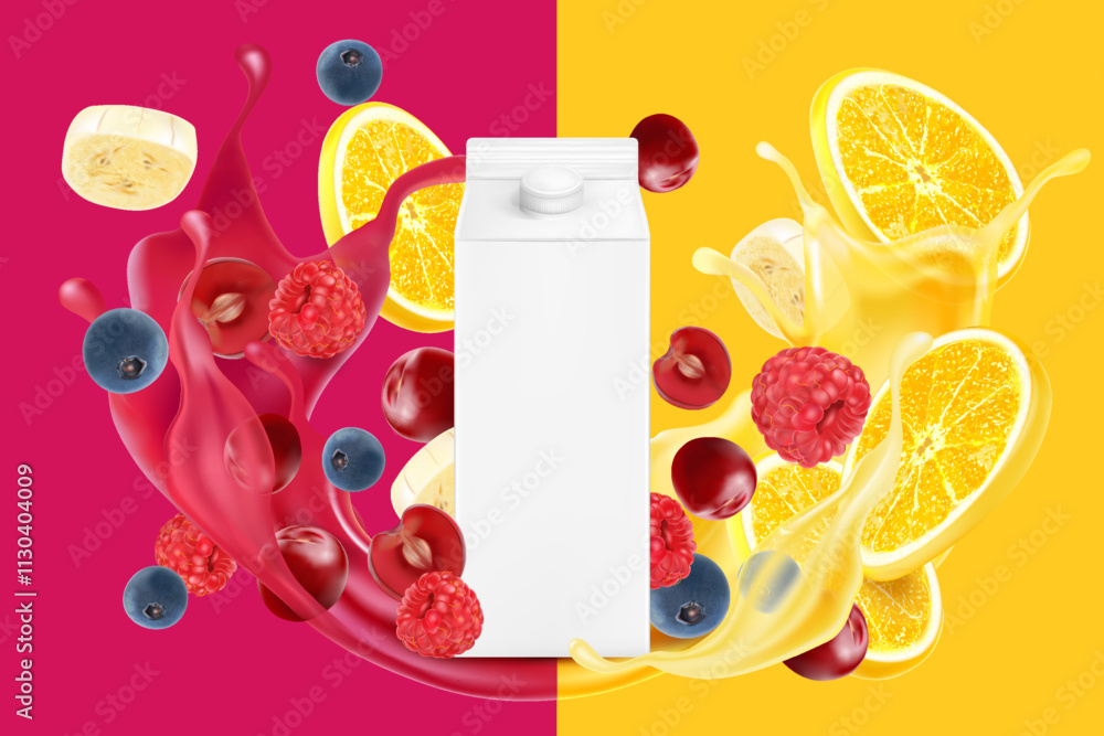 Poster Packaging mock up mixed berries
smoothies fruit splashing of Tropical fruits isolated on solid background. Vector in 3D illustrations.
