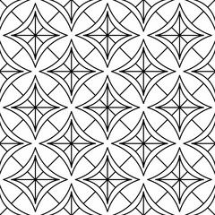 Fototapeta premium Seamless black and white geometric pattern, consisting of curved rhombus shapes with intersecting diagonal lines. Suitable for backgrounds, textiles and various graphic design projects.
