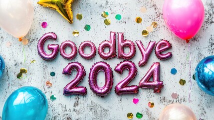 A farewell party theme with the phrase "Goodbye 2024" spelled out in balloons or glittery letters 