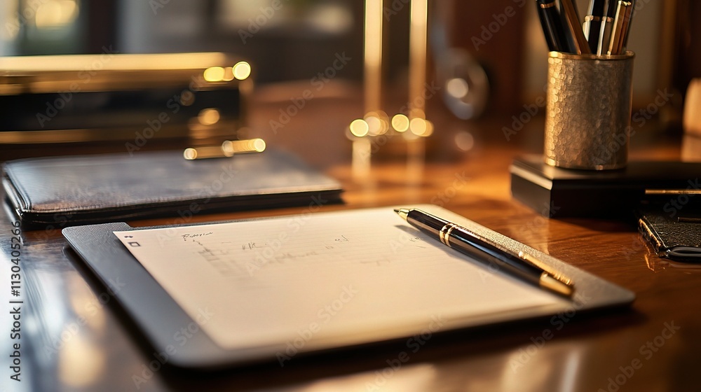 Aufkleber digital tablet and notepad on desk with pen in warm lighting