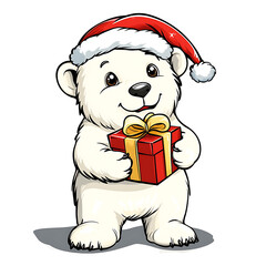 Cute polar bear wearing Santa hat, holding gift box cheerfully