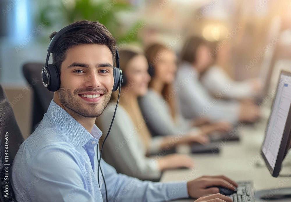 Aufkleber young call center agent smiling while working at a computer desk