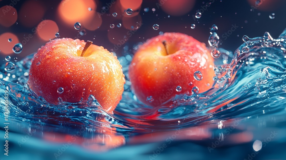 Poster two fresh apples splashing in water with dynamic motion