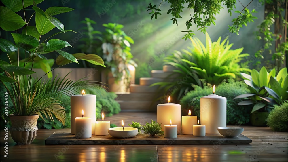 Poster serene meditation space featuring candles and lush green plants for tranquil relaxation and mindfuln