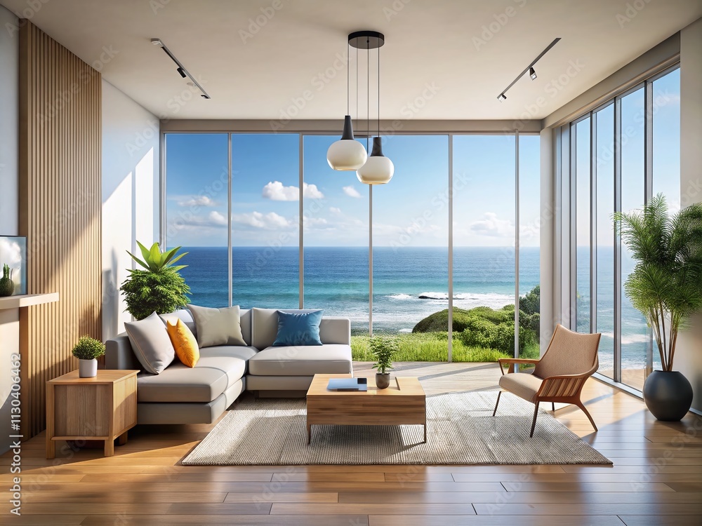 Aufkleber serene minimalist interior featuring ocean view with ample copy space for creative use in design and