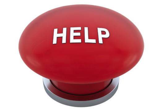 Red help button with silver ring isolated with transparent background