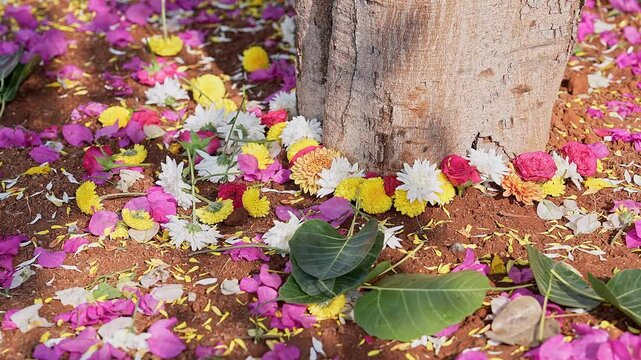 A close-up of a peepal or sacred fig tree adorned with flowers for a religious ceremony