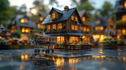 Obraz premium Cozy cottage by a river illuminated with warm lights