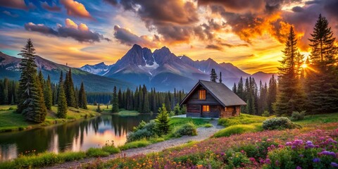 Fototapeta premium Serene Mountain Retreat with Breathtaking Sunset Overlooking Tranquil Valley and Majestic Peaks, Perfect for Relaxation and Nature Appreciation