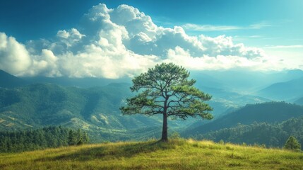 Obraz premium Lone tree in a green field under a bright blue sky