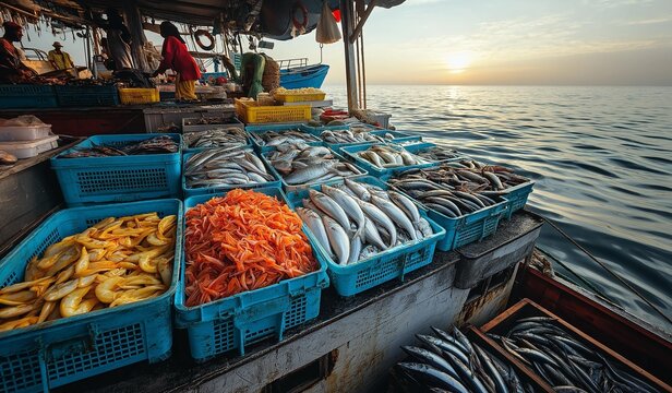 Ai generation image Fishermen on fish market,fishing boat background ,Transporting bluefish in clean blue crates from a fishing boat to the fish market